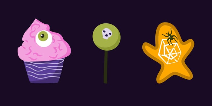 set of creepy muffin with lolipop and gingerbread. Vector illustration on black background.