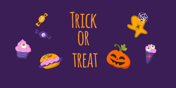 halloween food banner trick or treat on purple background. Vector illustration in cartoon style.