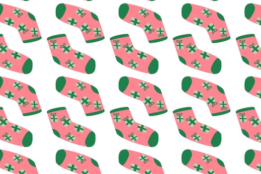 winter holiday background with pink socks and gift. Vector illustration in trendy pink color. Gift for xmas or Christmas background.