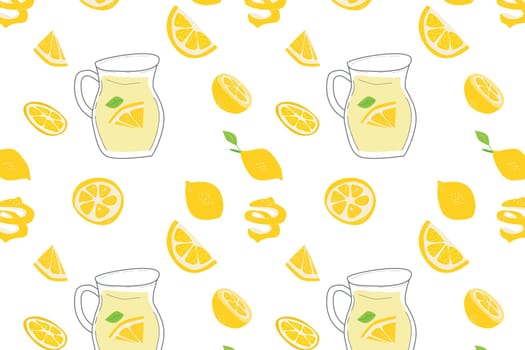 bright pattern with lemonade and lemon slices. On yellow color. Vector illustration isolated. Fruit background of lemon. Tropical fruit pattern.