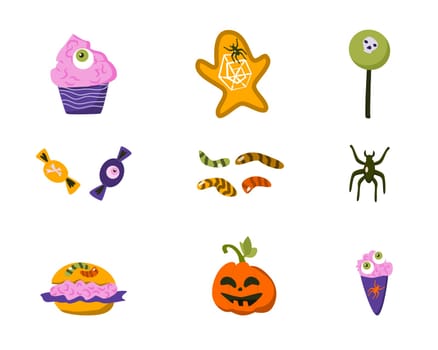 halloween sweets and food for zombie party - set. Vector illustration on white background. Usable for holidays banner, greeting card, invitation.