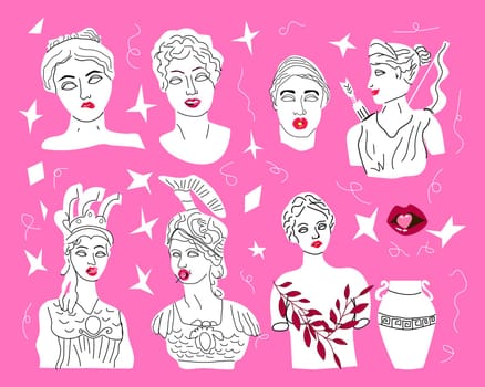 set of antique greek women with lips from the 90s and y2k style. Vector illustration on pink trendy backgound. Usable for creative abstract design posters and websites.