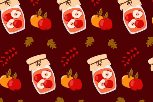 homemade fresh ripe apple compote - cartoon vector seamless background on red background. Vector illustration usable for greeting card, invitation, menu, banner and print design for poster, textile.