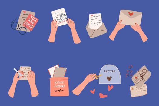 hands holding love letters and envelopes - concept of correspondense communication. Vector illustration on blue background.