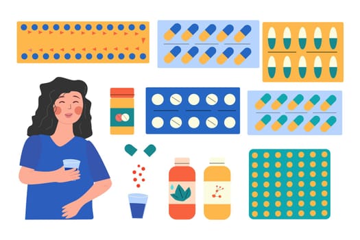 girl character happy, take tablets and holding water glass. Vector illustration on white background. Cute girl or woman with tablets. Can use medical concept background.