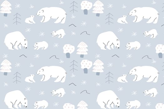 Seamless pattern - white polar bear mom and baby. Vector illustration with winter woodland. Usable for wallpaper, wraping paper and fabric textile.