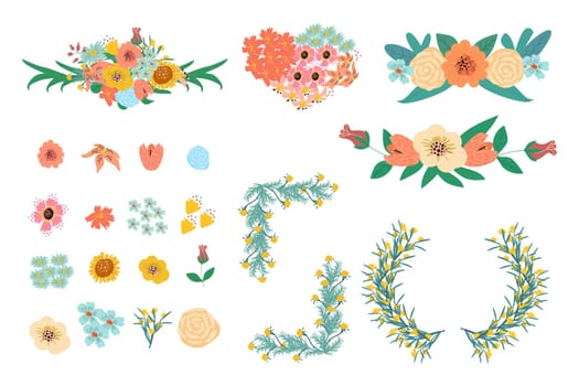 set of flowers and wreath frames for card celebration design. Vector illustration isolated. Floral elements with roses, peones and other summer flowers. Usable for invitation, banners.