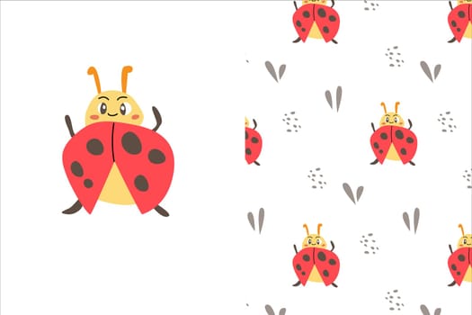 cute baby animal background - pattern with red bugs and mascot cartoon character - ladybug Vector illustration for childish textile, wrapping papers, fabric design, posters, wallpapers.