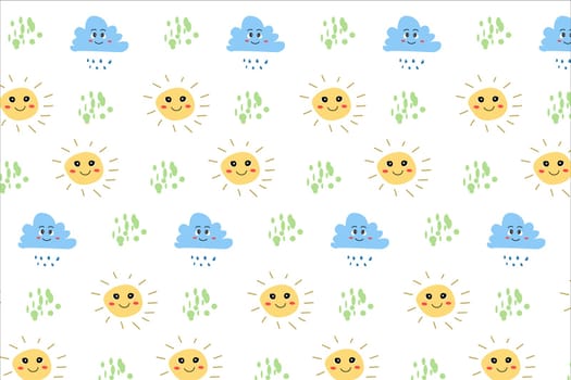 sun and clood character - seamless nursery background. Vector illustration on white color backdrop. Usable for kids textile, fabric.
