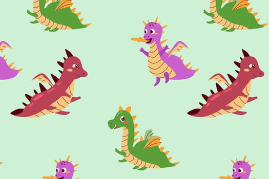 Seamless pattern of cute baby dragons in cartoon style. Vector illustration usable for textile, fabric print, wallpapers, posters, greeting cards, notebook covers and cute childish background.