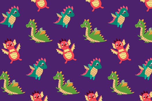 Seamless pattern of the cute baby dragons. Vector illustration