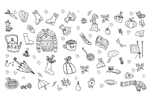 Vector set of doodle outline icons, autumn cozy. Vector illustration on white background. Warm clothes and tea, autumn things - autumn background in doodle style.