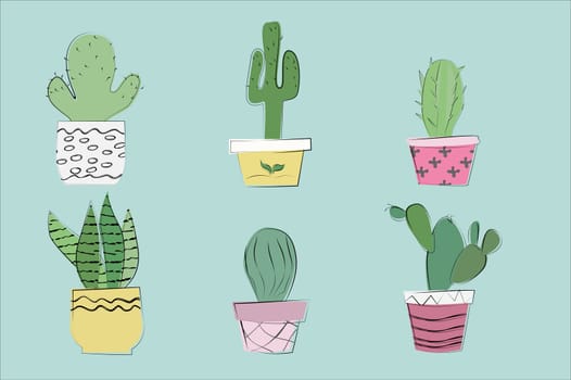 Set of cute cactus and succulents, vector illustration in flat hand drawn style. Vector illustration - sketch on blue background.
