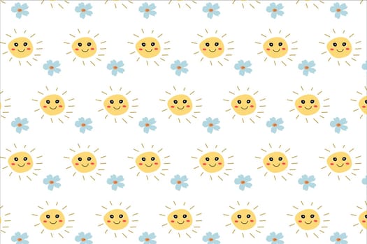 cute baby pattern with sun and flower smiling. Vector illustration on white background.