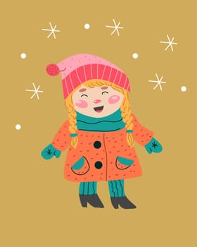 cute cartoon girl on golden background - card. Vector illustration usable for winter holidays, christmas and happy new year - banner or greeting card.