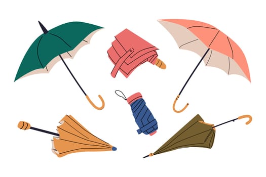 Closed, open, folded umbrellas in different colors. Vector illustration on white background. Set of protection parasols in autumn or spring season for rainy weather.