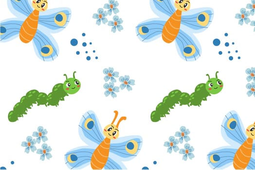 cute floral spring and summer pattern with insects butterfly and caterpilar. Vector illustration usable for fabric print, textile, posters, wallpapers.