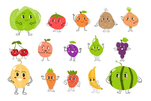 set of cute vegetables and fruits with outline hand and fruits. Vector illustration usable for menu, mascot, greeting card, baby background.