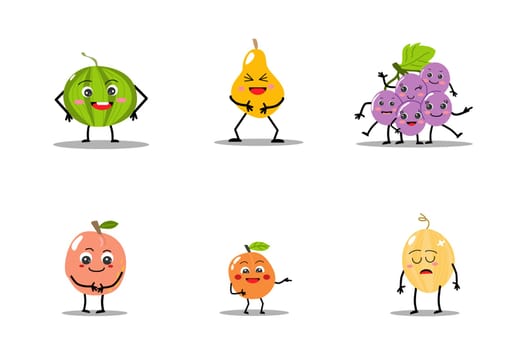 cute fruits - emoticon faces smiling and sad- set. Vector illustration on white background usable for mascot, funny baby menu background, poster, cards.