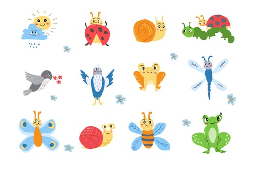 cute bee and other insects - cartoon animals set. Vector illustration usable for childish decoration cards, banners, postcards, patterns and mascots. Funny cartoon characters - cute animals bugs.