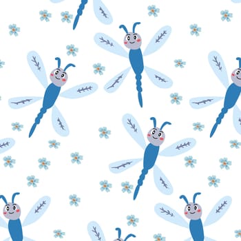 cute dragonfly and flower floral baby pattern. Vector illustration on white background. Usable for baby textile, wrapping paper.