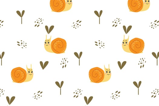 cute baby animal snail on pattern, baby background for nursery textile. Vector illustration with cute smiling insect snail and plants on white background.