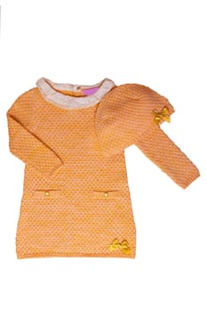 Clothes for children. A beautiful yellow baby girl dress with white lace collar and long sleeves and a cap isolated on a white background. Kids autumn and spring fashion.