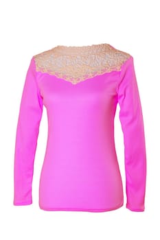 Pink fashion blouse. A pink autumn or spring blouse for women with a bright lace collar on a mannequin isolated on white background. Clipping path. Women‘s fashion.