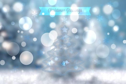 Abstract festive elegant blue white glittering greeting card with a christmas tree, stars and a bokeh lighted Merry Christmas text. Beautiful backdrop with space.