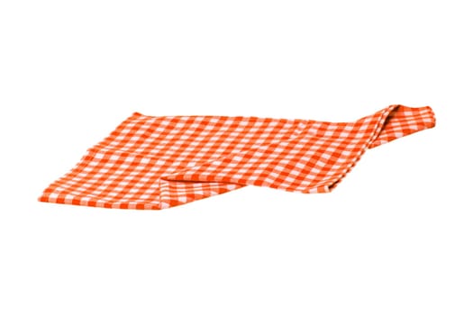 Closeup of a orange and white checkered napkin or tablecloth texture isolated on white background. Kitchen accessories.