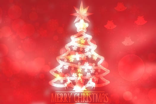 Merry Christmas greeting card. A festive elegant bokeh lighted glittering christmas tree and text on abstract blurred red background.