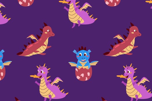 Seamless pattern of cute baby dragons in cartoon style on dark blue purple background. Vector illustration usable for childish wallpapers, cards, textile, fabric print, posters.
