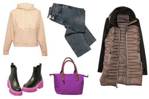 Collage woman clothes. Set of a stylish and trendy women coat, a jeans, chelsea boots, a handbag, a cardigan and other accessories isolated on a white background. Fashion trends.