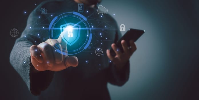 People using smartphone secure encryption technology, cybersecurity privacy of data protection, security Internet access, security encryption of user private data, business confidentiality.