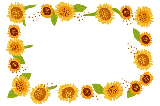 cute floral frame with sunflower and leaves. Vector illustration of border or frame on a bright colors orange, yellow, brown and green. Suitable for invitation or greeting card.