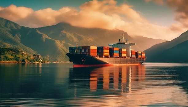Illustration with a dry-cargo ship at sea, ocean. Commerce shipping, delivery of goods. Cartoon bulk-carrier on mountain background. Nautical boat, a marine vessel with metal containers with beautiful landscape sunrise