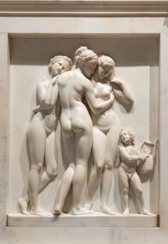 Milan, Italy - 23 September 2023: Brera antique painting museum. The Three Graces by sculptor Thorvaldsen.