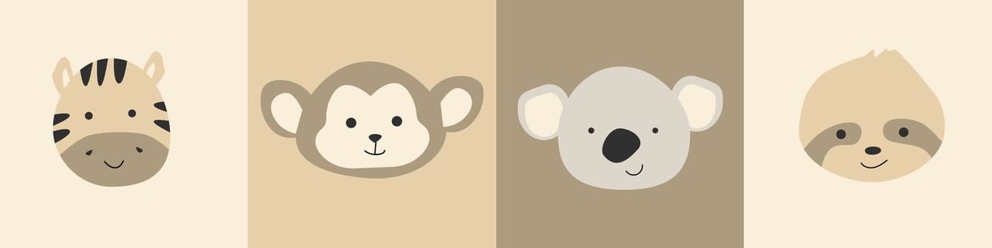 Cute baby safari animal faces vector illustration. The set includes zebra, monkey, sloth, koala. Vector illustration can use for nursery print, clothes, cards, postcards, avatars.
