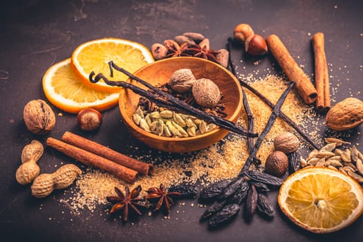 Christmas spices and baking ingredients, assorted condiments for baking, mulled wine and cooking