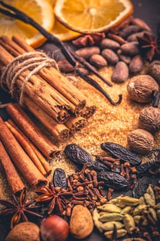 Christmas spices and baking ingredients, assorted condiments for baking, mulled wine and cooking