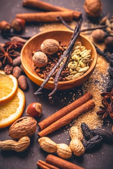 Christmas spices and baking ingredients, assorted condiments for baking, mulled wine and cooking