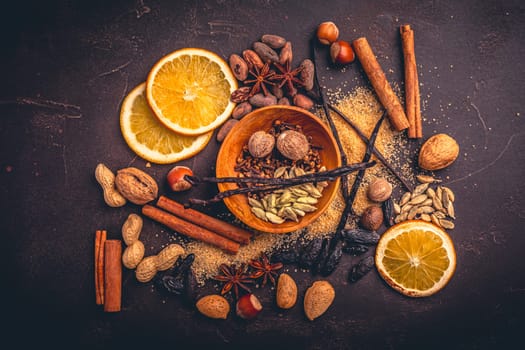 Christmas spices and baking ingredients, assorted condiments for baking, mulled wine and cooking