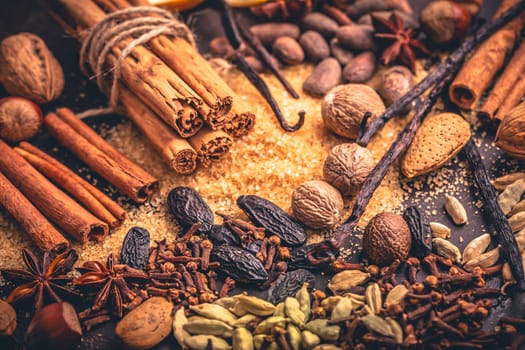Christmas spices and baking ingredients, assorted condiments for baking, mulled wine and cooking