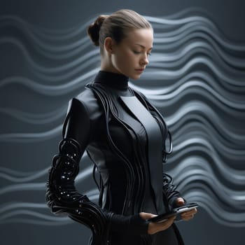 Sustainable fashion with flexible batteries and smart textiles. Flexible battery power in clothing industry. Wearable technology. Wearable innovation. A model wearing futuristic outfit. Generative AI.