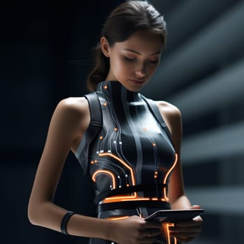 Sustainable fashion with flexible batteries and smart textiles. Flexible battery power in clothing industry. Wearable technology. Wearable innovation. A model wearing futuristic outfit. Generative AI.