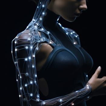 Sustainable fashion with flexible batteries and smart textiles. Flexible battery power in clothing industry. Wearable technology. Wearable innovation. A model wearing futuristic outfit. Generative AI.