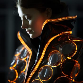 Sustainable fashion with flexible batteries and smart textiles. Flexible battery power in clothing industry. Wearable technology. Wearable innovation. A model wearing futuristic outfit. Generative AI.