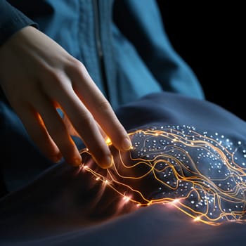 Sustainable fashion with flexible batteries and smart textiles. Flexible battery power in clothing industry. Wearable technology. Wearable innovation. A model wearing futuristic outfit. Generative AI.