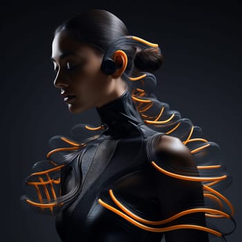 Sustainable fashion with flexible batteries and smart textiles. Flexible battery power in clothing industry. Wearable technology. Wearable innovation. A model wearing futuristic outfit. Generative AI.