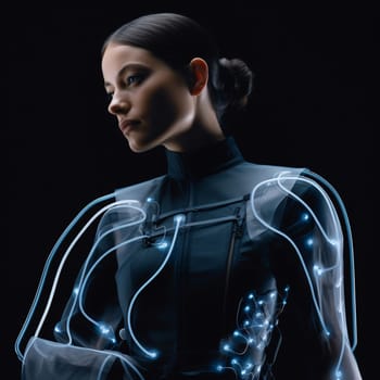 Sustainable fashion with flexible batteries and smart textiles. Flexible battery power in clothing industry. Wearable technology. Wearable innovation. A model wearing futuristic outfit. Generative AI.